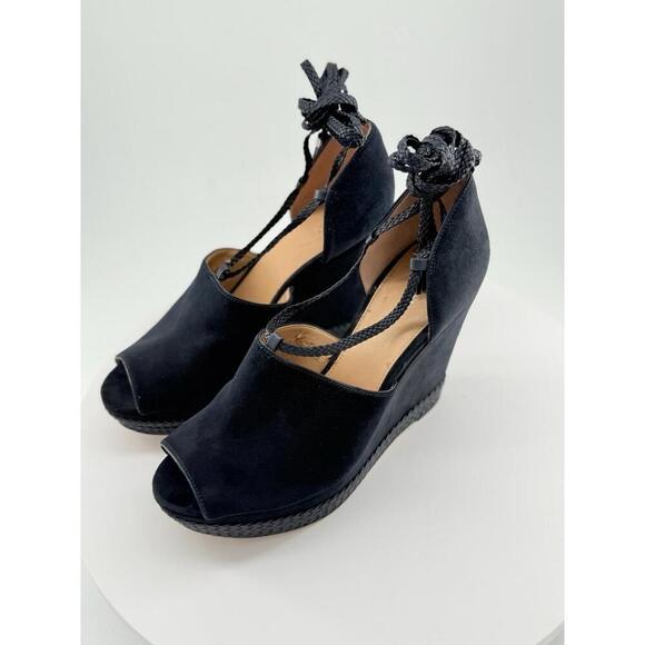 Michael Kors Wedges Womens 11M Navy Suede Ankel Wrap Lace Up Open Toe Braided - Picture 1 of 16